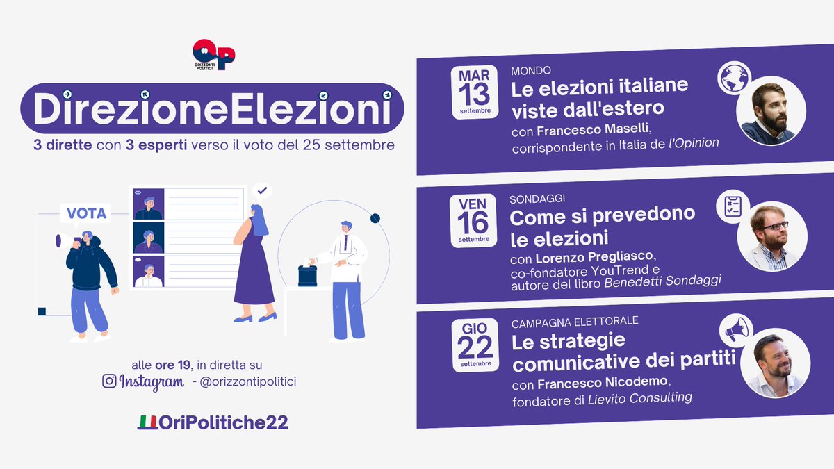 OrizzontiPo's tweet photo. In vista delle #ElezioniPolitiche2022, ecco 3 appuntamenti per approfondire fronte internazionale, sondaggi e comunicazione dei partiti
🌍 13/09 @frmaselli (@lopinion_fr), 
📈16/09 @lorepregliasco (@you_trend)
📣22/09 @fnicodemo (@Lievito_)

Ore 19, su IG👉https://t.co/HOT2lqEY35 https://t.co/dyVnhZQ2GJ