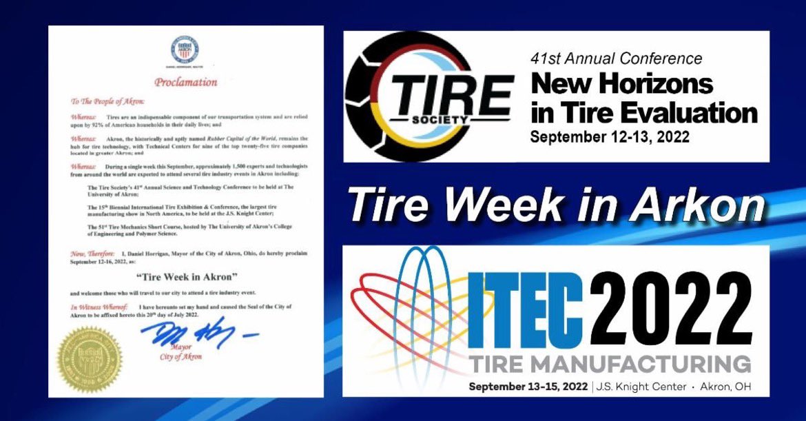 EnduricaLLC's tweet photo. It's #TireWeekinAkron 🛞 and it’s the place to be - even the Mayor sends his regards!🙏
Join us @UAkron for @TheTireSociety Conference - New Horizons in Tire Evaluation then head over to the JSK Center for #ITEC2022.
➡️ https://t.co/7aEBl6Kaii
#TireIndustry #GetDurabilityRight https://t.co/sGuFFrcpRL