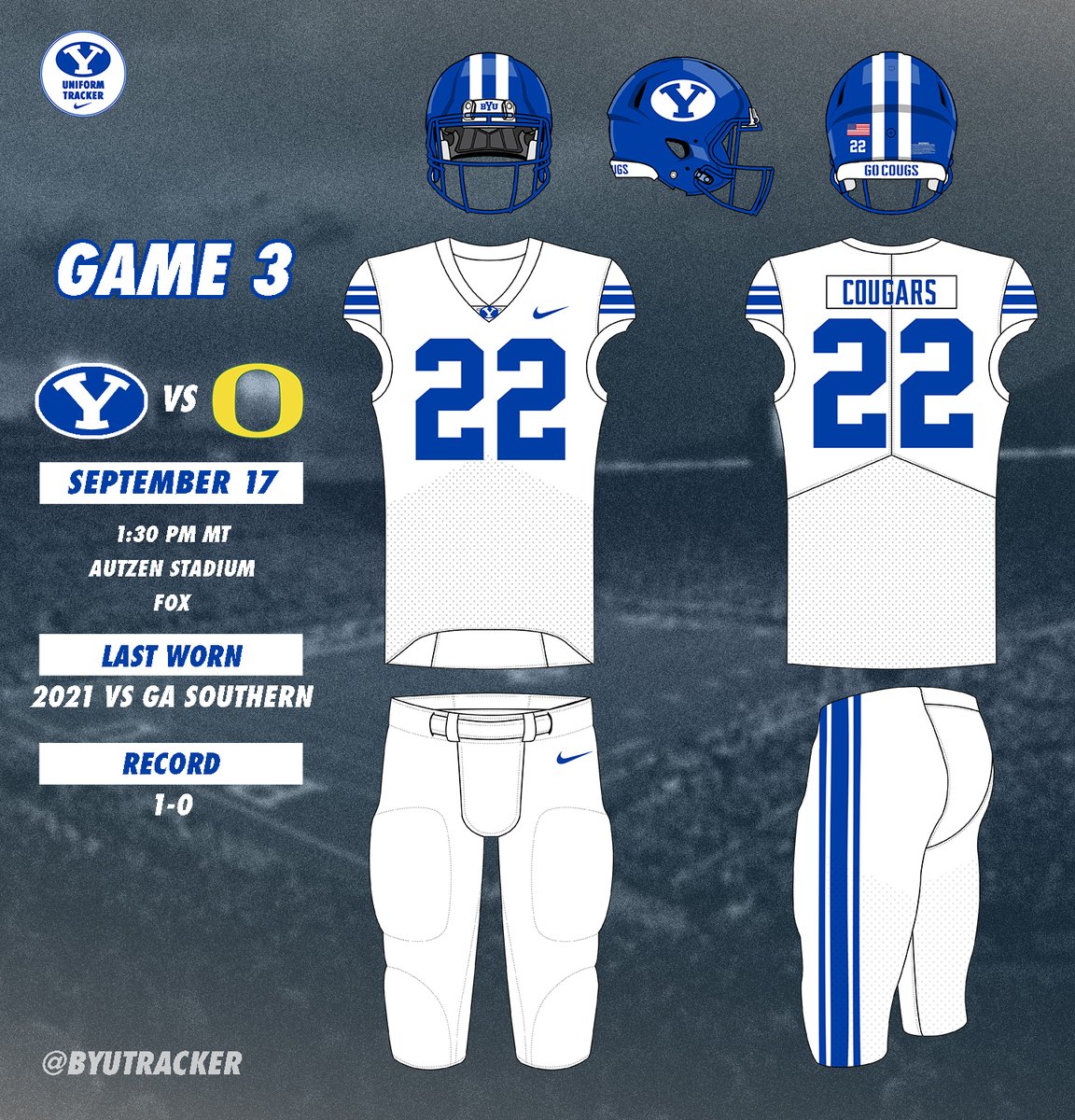 BYUTracker's tweet photo. BREAKING: BYU will wear 🔵⚪️⚪️ on the road against no. 25 Oregon this weekend! The Royal Sitake makes it's return for this huge matchup with the Ducks.
#byufootball #byutracker https://t.co/79NCMKFfuc