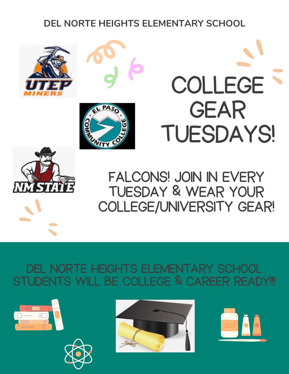 Join us for College Gear Tuesdays!!! Represent your favorite university every Tuesday here at Del Norte Heights!!!