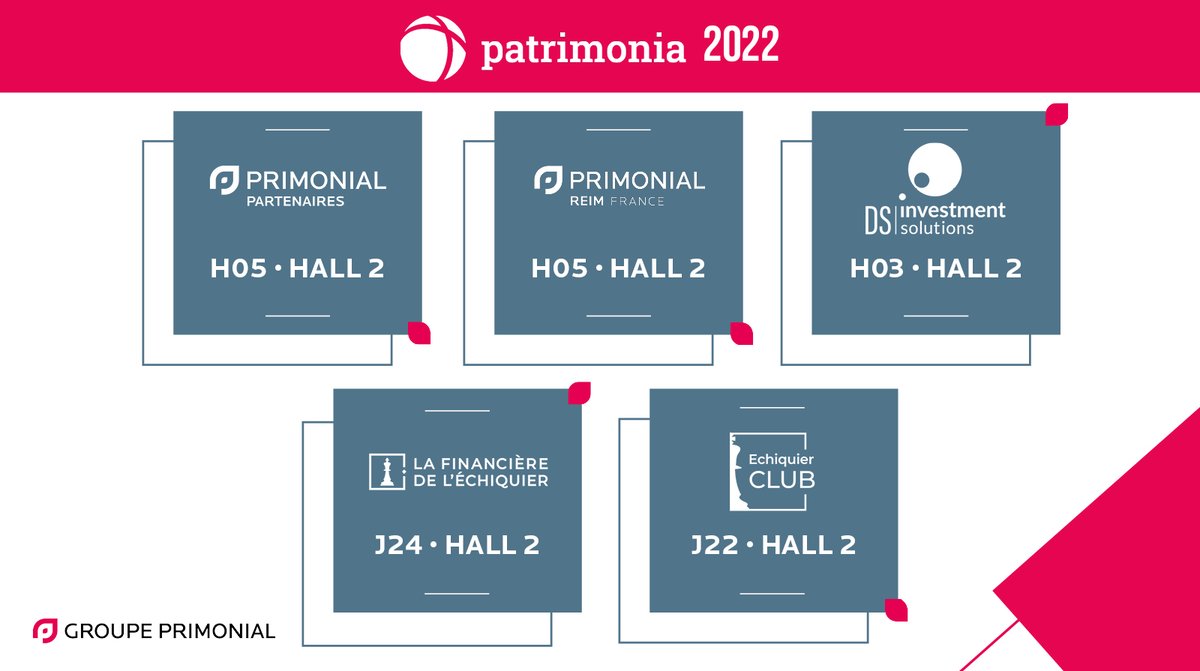 <a href="/PatrimoniaLyon/">Patrimonia</a> J-17 !

#CGPI Découvrez nos 4 stands pour cette nouvelle édition et venez découvrir toutes les actualités et nouveautés du Groupe ! #patrimoine #digital

<a href="/Primonial_Part/">Murano</a>  @PrimonialreimFR  <a href="/DS_Investment_/">DS Invest Solutions</a>  <a href="/LFDE_/">Financière Échiquier</a>  #EchiquierClub