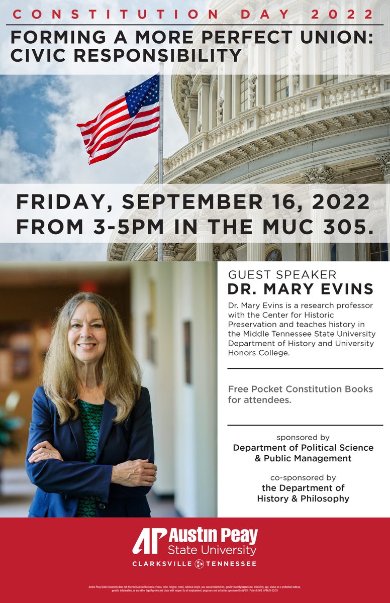 APSUPoliSci's tweet photo. Can't wait until our amazing Constitution Day Program with Dr. Mary Evins from MTSU talking about civic responsibility in a democracy! Join us in MUC 305 at 3pm on Friday. This one you wont want to miss #peayple https://t.co/IdyegZBjOj https://t.co/2s8KvnaVjL