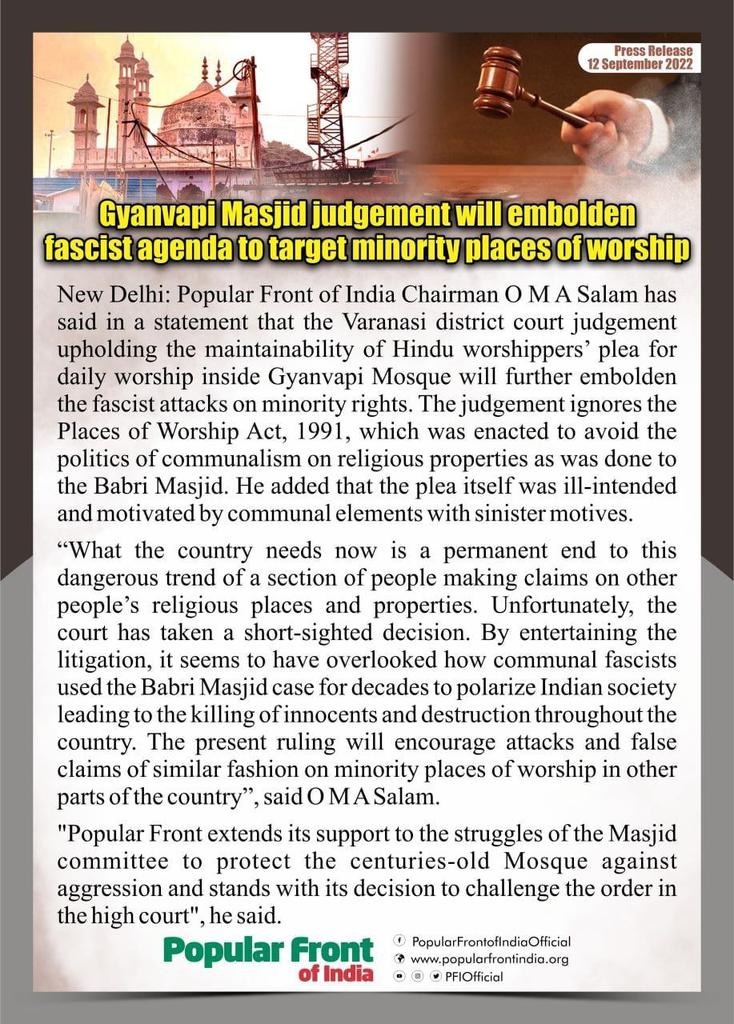 PFIOfficial's tweet photo. Gyanvapi Masjid judgement will embolden fascist agenda to target minority places of worship
#GyanvapiCase #Islamophobia #GyanvapiMasjid #GyanvapiVerdict #Varanasi #PopularFrontofIndia https://t.co/AyUEwxglxP