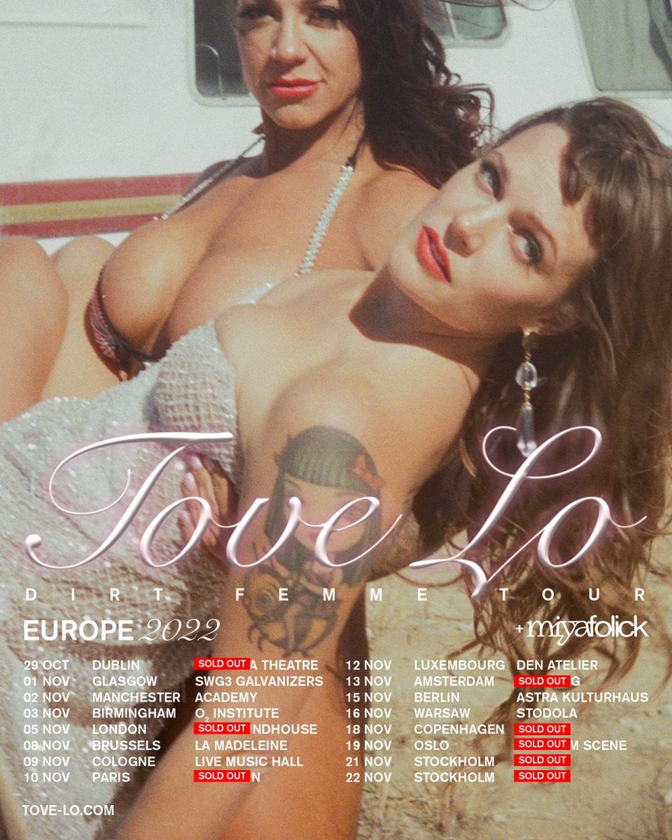 UK & Euro dates, now officially called #DirtFemmeTour starts on my birthday and tix are going fast (thank you, I love you)! Get yours before they’re gone and prepare yourself emotionally for this dance and cry fest with me and @MiyaFolick supporting. 💕 tove-lo.com/tour