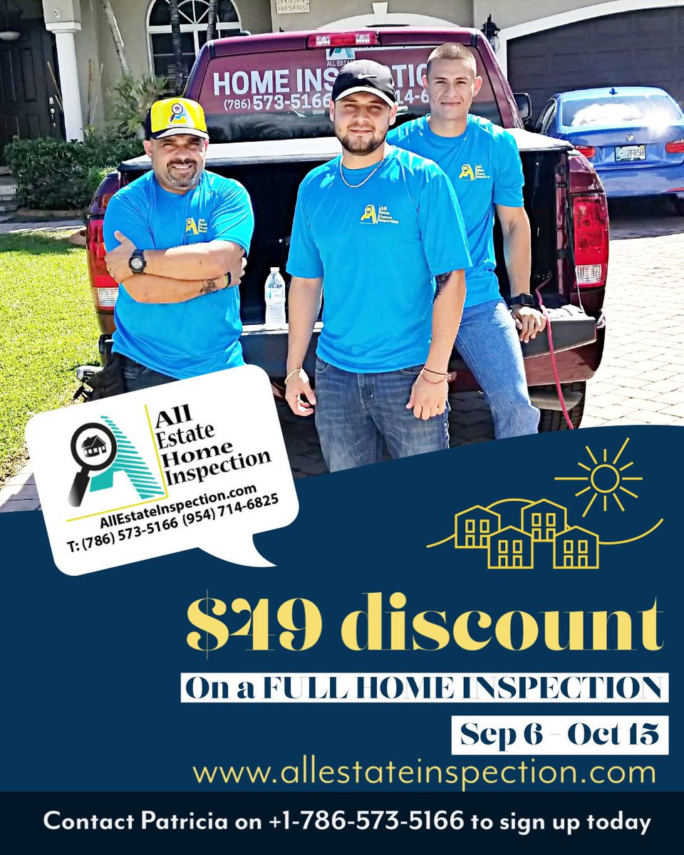 AllEstateInspec's tweet photo. Residential and Commercial Inspections 2022 - https://t.co/fX7mjs43OL

-September 6th – October 15th
-This Month Receive a:
 -$49 Discount on a FULL HOME INSPECTION
- https://t.co/NXSjntQoZM https://t.co/XZpKw4kn3M