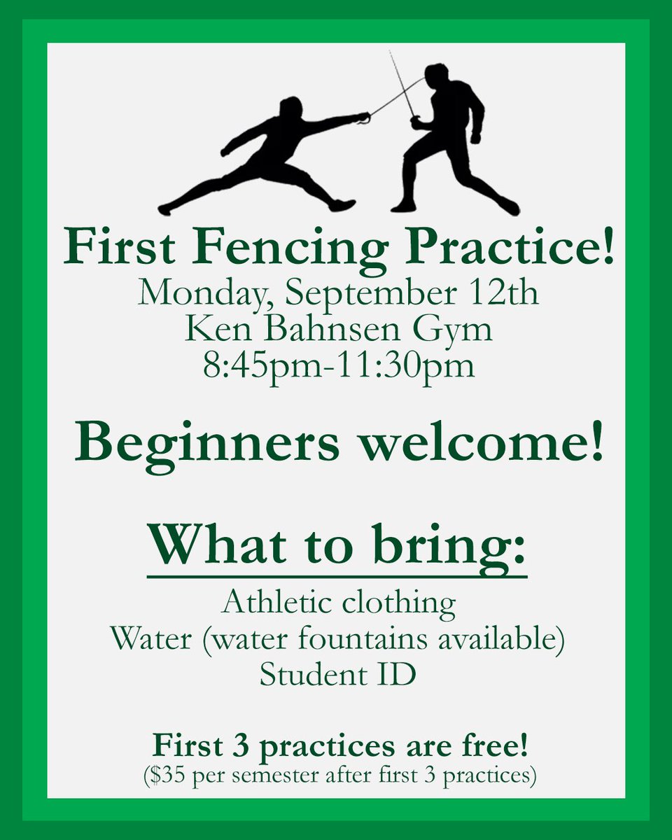 UNTFencing's tweet photo. Our first practice of the Fall 2022 semester happens today!

Whether you’ve been interested in fencing but don’t know where to start or you have years of prior experience, we’re always looking for new faces to check out the club!

We hope to see you there! https://t.co/HtTsoH5gMs
