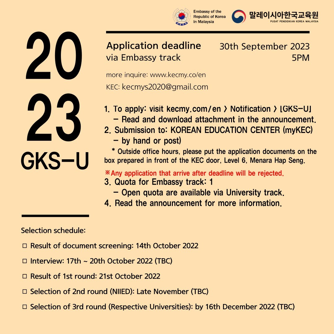 koreaspectrum's tweet photo. (September 2022)
The 2023 Global Korea Scholarship for Undergraduate Degrees (GKS-U) in Malaysia
Read more: https://t.co/Sj2ox2Zlie
.
#gksu #embassytrack #studyinkorea
#2022KAOS #koreaaseanonlinesupporters #rokmissiontoasean #korea_asean #koreaasean #korasean https://t.co/FRSw08ktCq