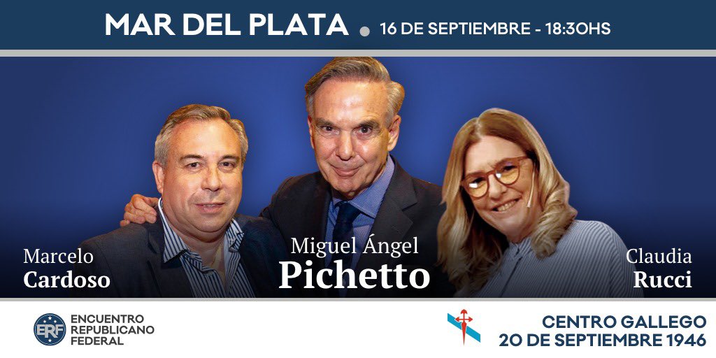 MiguelPichetto's tweet photo. ATENCIÓN MAR DEL PLATA
Este viernes estaremos junto a @claudiarucci y @marcecardoso10 en el Centro Gallego a las 18:30hs. Expondremos nuestro núcleo de ideas de cara a fortalecer ERF hacia 2023. https://t.co/q7EGWZnobe