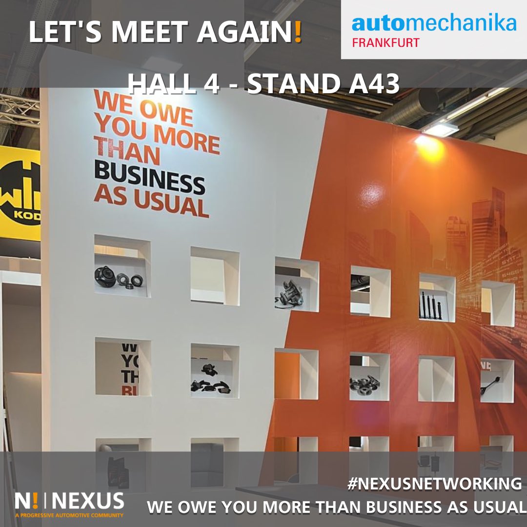 NexusAutomotiv's tweet image. #NexusNetworking - LET&apos;S MEET AGAIN!From tomorrow, we will be happy to welcome you on our booth.

You will experience the latest evolutions of our #concepts and enhanced #services.

During @automechanika_ Frankfurt, 13.-17.9.2022, we will reveal you #important #news!

#amf2022