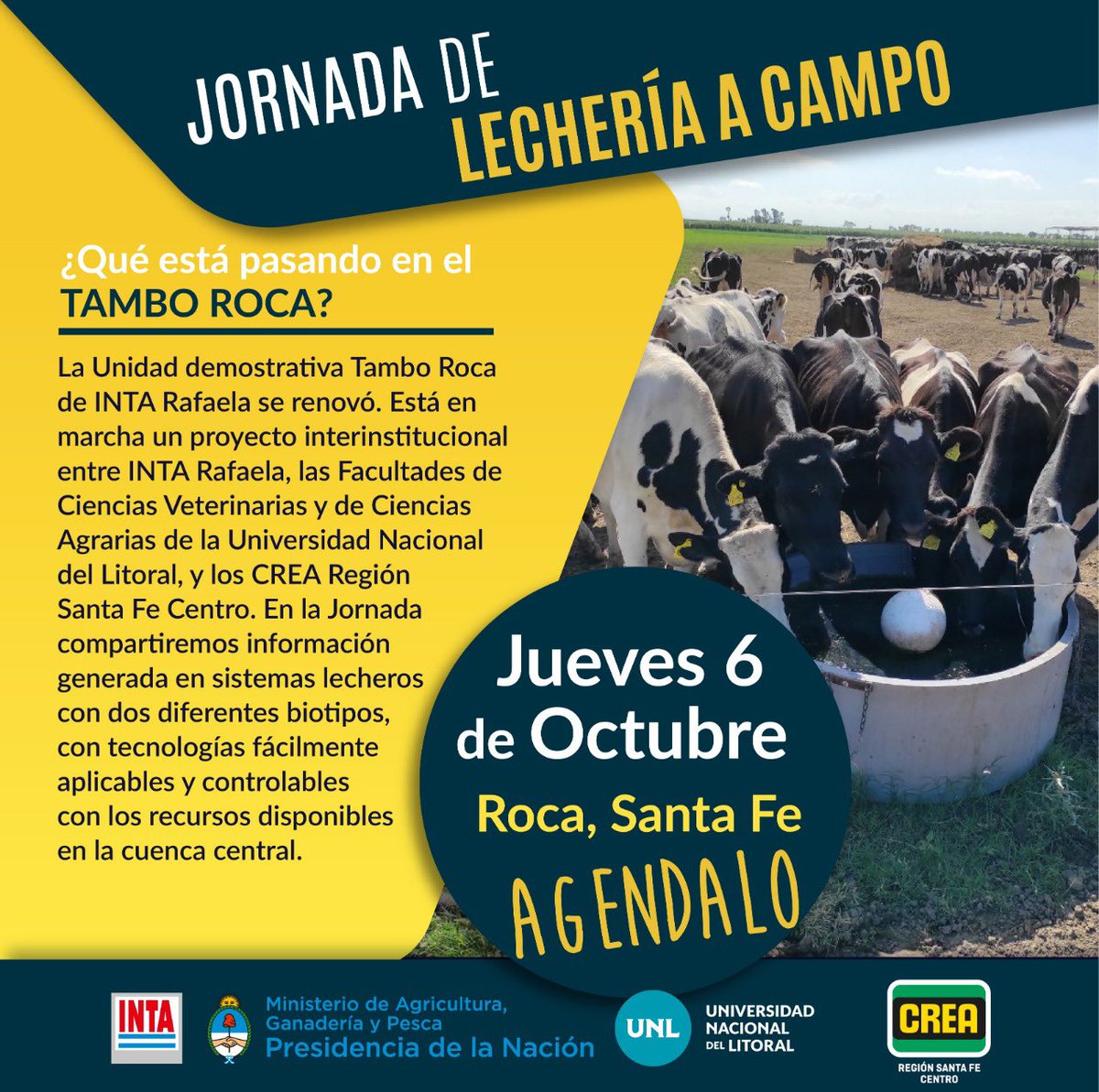 ‼️<a href="/intaargentina/">INTA</a> ,<a href="/FcaUnl/">FCA-UNL</a> y <a href="/crea_arg/">CREA</a> trabajamos juntos en el Proyecto *Nuevo tambo Roca* y te invitamos  a una  jornada a campo! 🐄 *jueves 6 de octubre* 
de 9 a 12 horas.

Inscribite ACÁ! forms.gle/7jziaPBuH1BPva… 🖊️🙋🏻‍♀️🙋🏼‍♂️