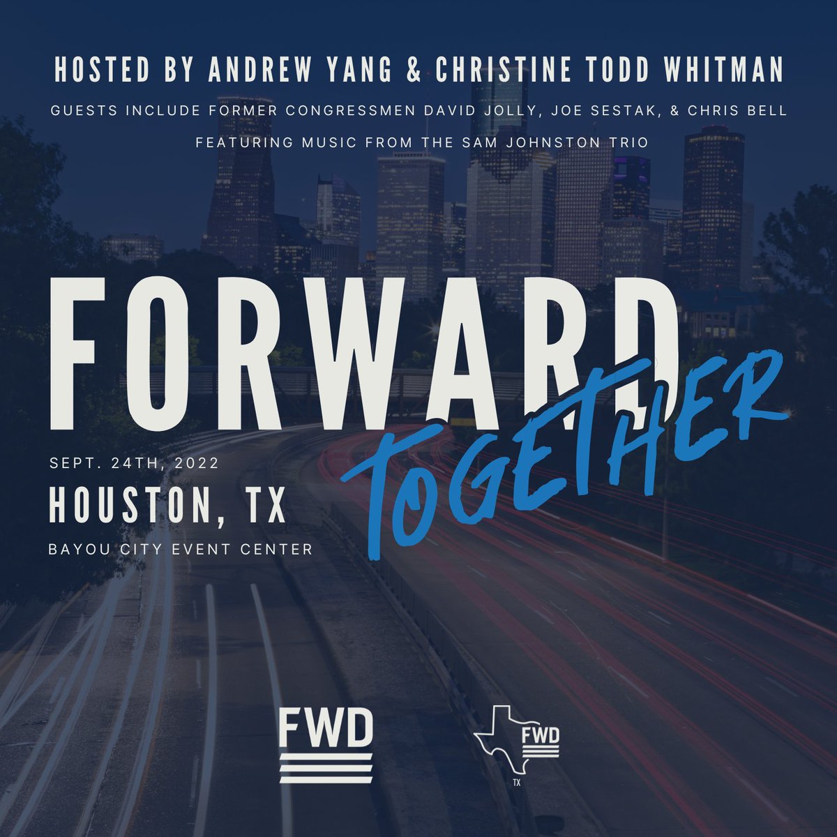 Fwd_Party's tweet photo. We are hitting the road to listen, learn, and build. First stop: Houston, TX! Join @AndrewYang, @GovCTW, @DavidJollyFL at the @BayouCityEvent on Sept. 24th at #ForwardParty’s inaugural “#ForwardTogether” event. @FWD_TX #FWDTX ⬆️🇺🇸 https://t.co/gnW3FIL7hm https://t.co/CEi43zUVWP