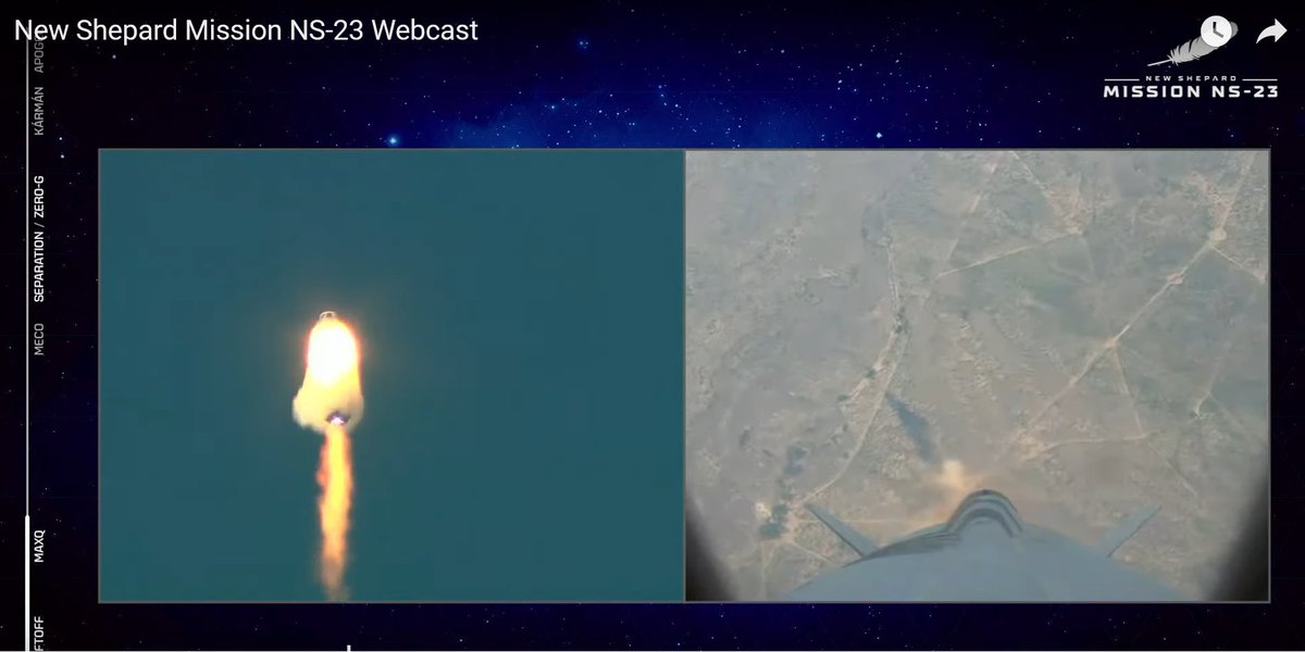 donovanmyrie's tweet photo. @blueorigin #newshepard #NS23 experiences an anomaly 1m5s after launch. This is the moment RSS H.G. Wells capsule separated from the booster. According to Blue Origin, this was their 23rd flight of a New Shepard. This #booster had been to space 9 times. https://t.co/OA7GphHSGV https://t.co/yadLfgNDgQ