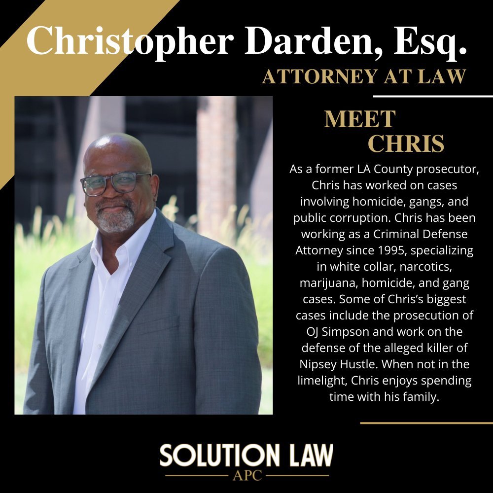Solutionlawapc's tweet photo. What's life like for Chris Darden? Chris has worked on cases involving homicide, gangs, and public corruption. Some of his biggest cases include the prosecution of OJ Simpson. Outside of law, he loves to spend time with his family and travel #lawyer #lawyers #chrisdarden https://t.co/MiUMvotL4J