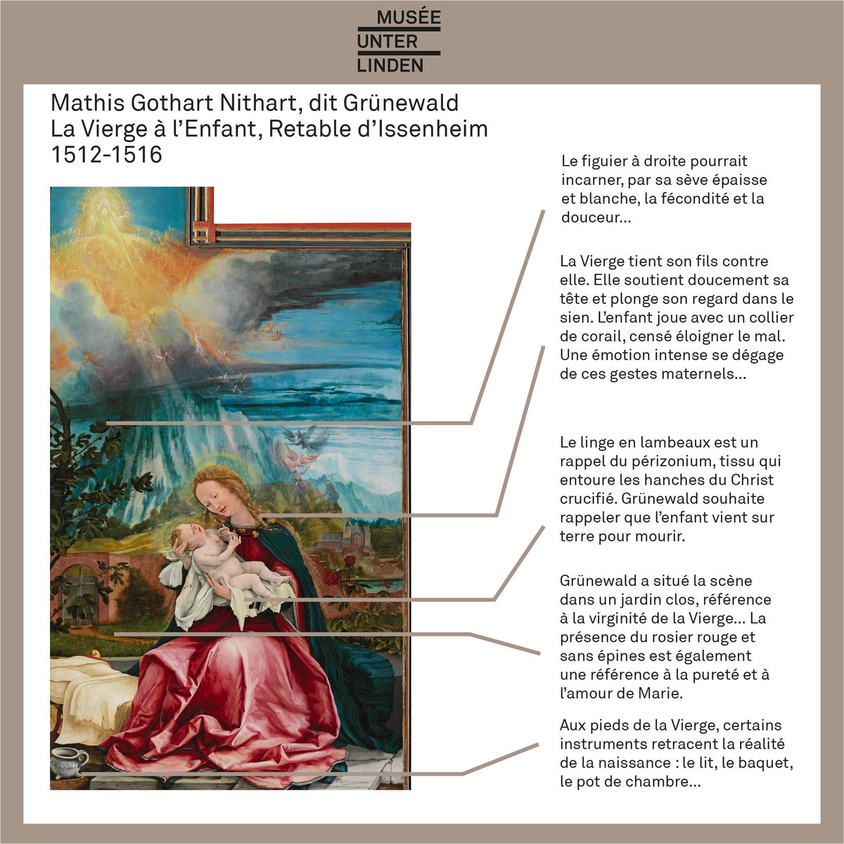 MUnterlinden's tweet photo. Nous continuons notre #décryptage des différents panneaux du #RetabledIssenheim. Ce mois-ci : la Vierge à l'Enfant...
#Peinture16e #Peinture #16eSiecle #Colmarandyou https://t.co/MjUlfcAwP4