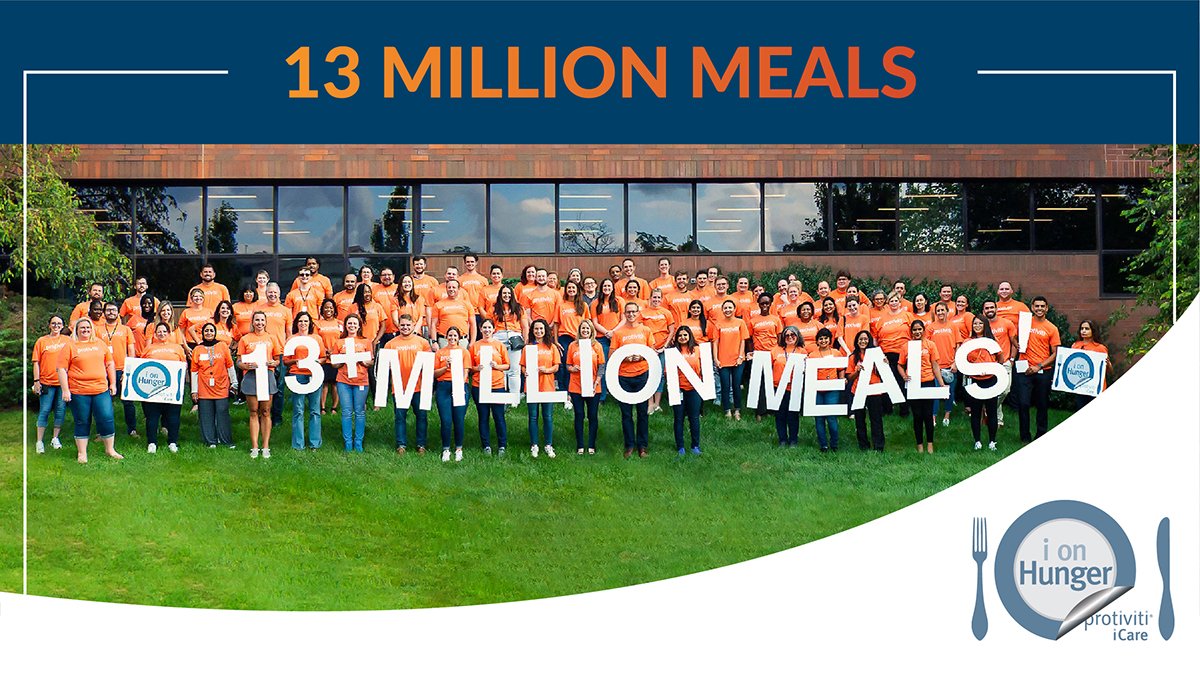 Protiviti's tweet photo. Last week, 96 Protiviti team members packed 50,328 meals for families fighting food insecurity. This brings the number of meals Protiviti has given to over 13 million meals! We thank our people who give back to their local communities.

#protiviticares #ionhunger #icare https://t.co/UNAfOA0MYc