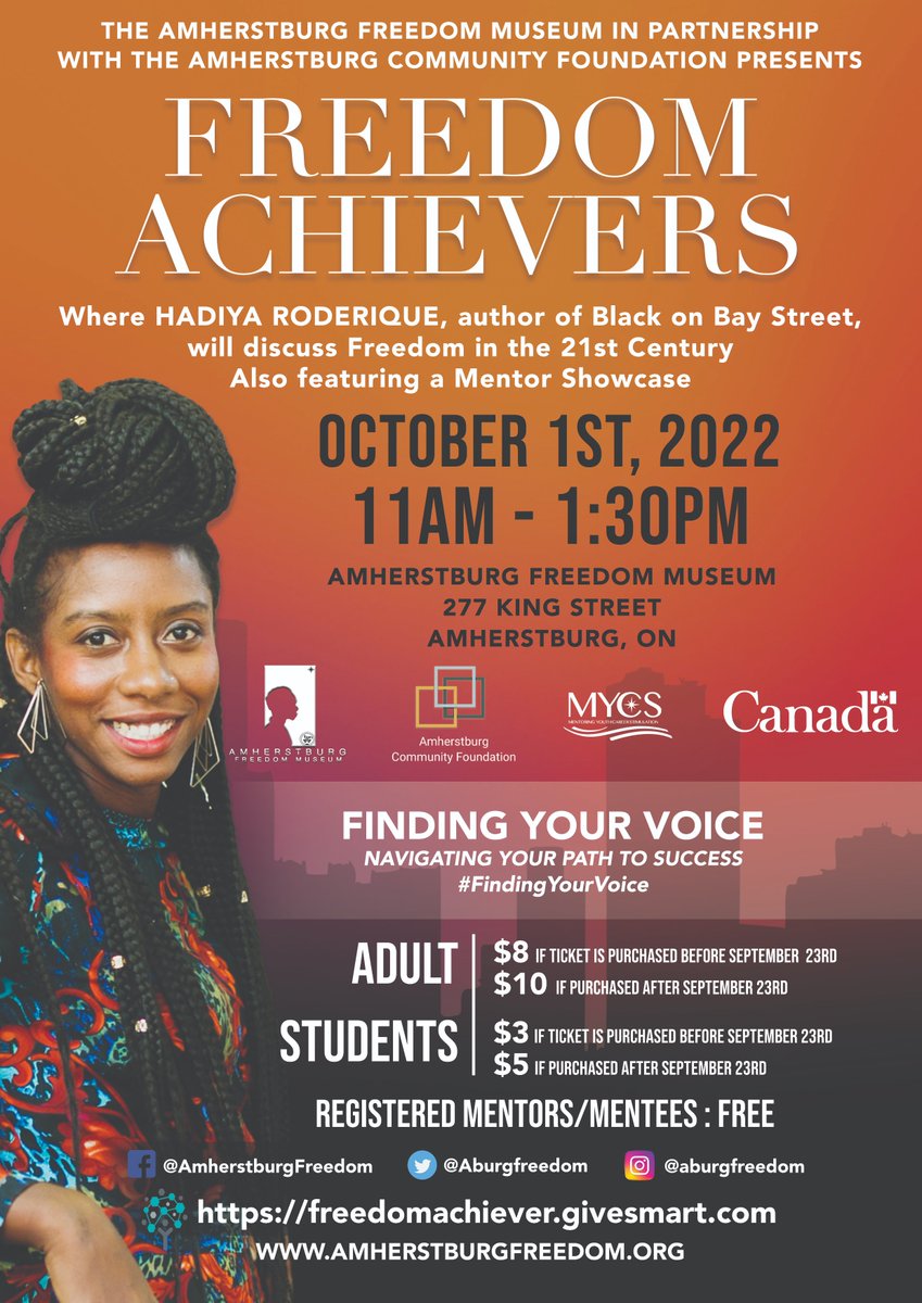 Mark you calendar and plan to attend this important event being held by <a href="/Aburgfreedom/">Amherstburg Freedom</a> and <a href="/AmherstburgCF/">Amherstburg Community Foundation</a>. Items being discussed will include their new mentorship program for young persons of colour. All mentors and mentees get into the event for free.