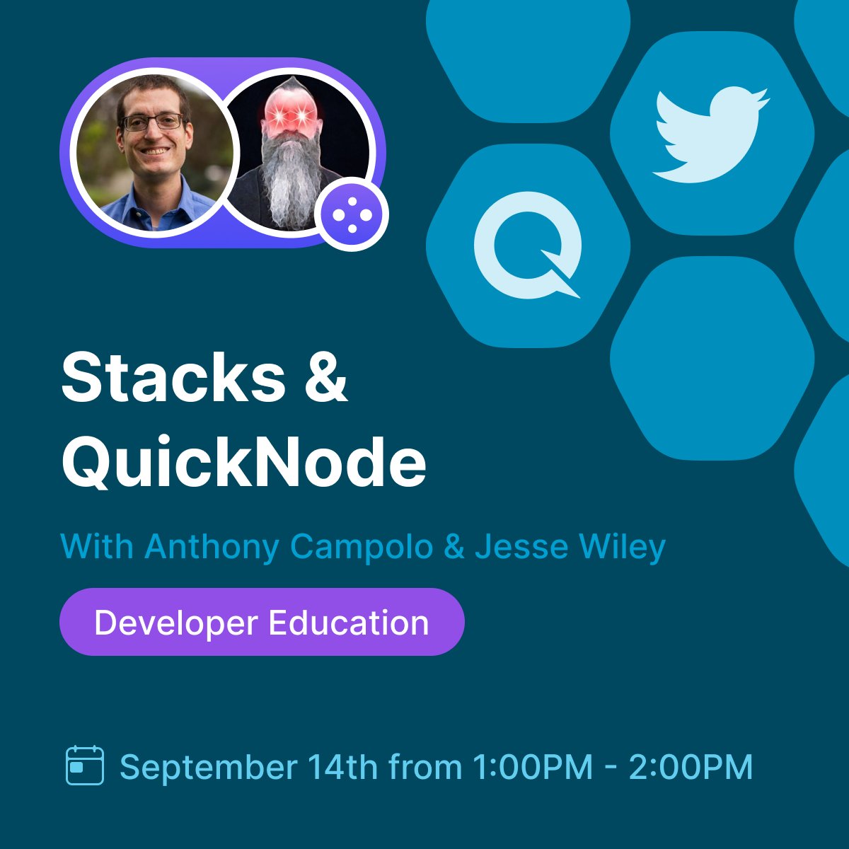 Quicknode's tweet photo. What is @Stacks?

How is QuickNode making Stacks more accessible for developers?

Bitcoin dApps? 

And more!

Join @ajcwebdev &amp; @mrjwiley on Wednesday, September 14th at 1PM EDT ⏰ https://t.co/g1yjSHiIkY