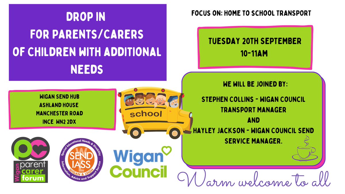 WiganPCF's tweet image. Parent Carer Drop in 20th September 10-11am. Focus on Transport. 🚍🚖#Wigan #SEND