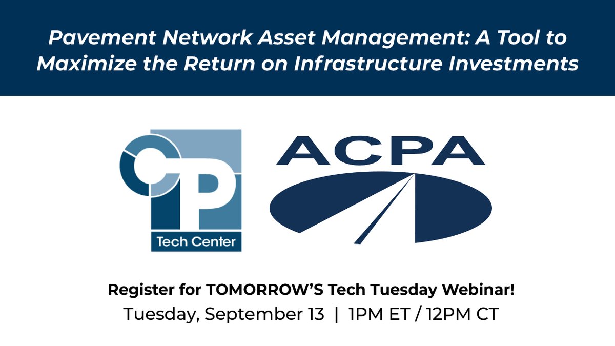 TOMORROW - the next ACPA/CP Tech Center Technology Tuesday webinar! Learn why pavement network asset management is an important tool that can enable transportation agencies to better allocate funds.

hubs.li/Q01lNlwK0

#infrastructure #concretepavement #webinar