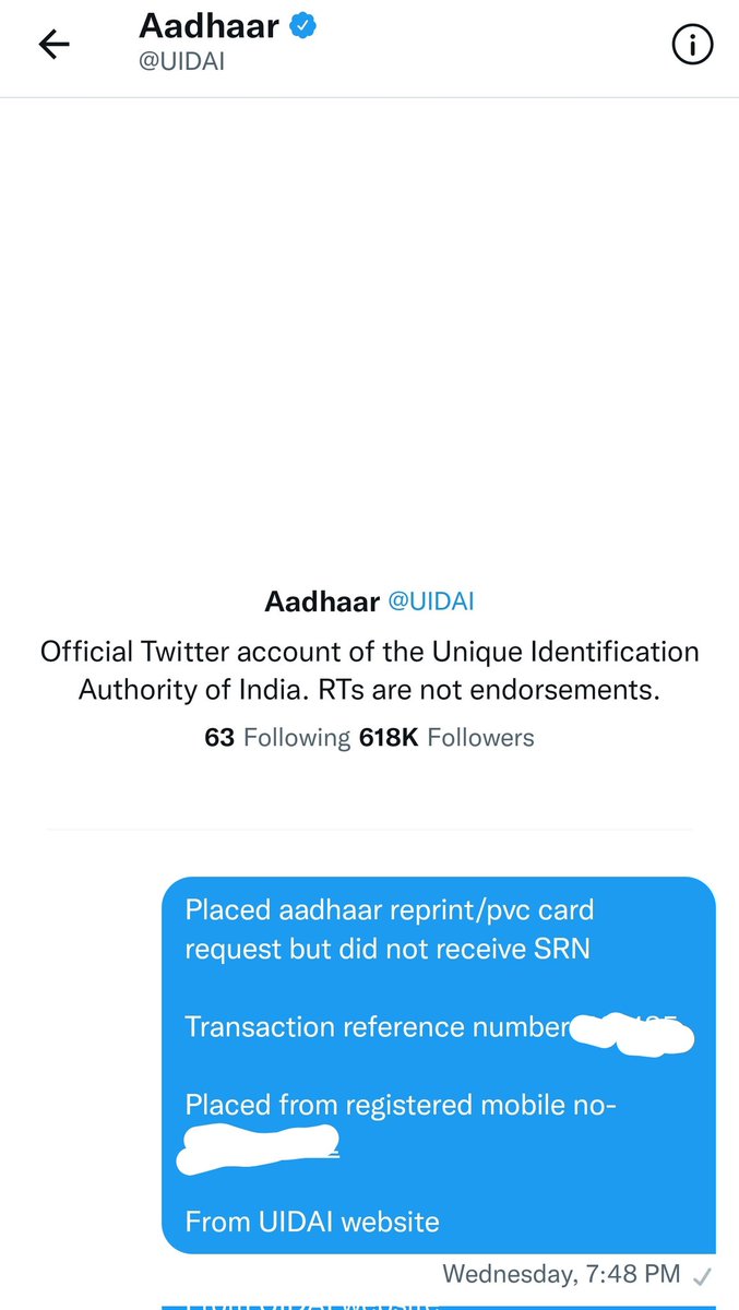 Shreesha_94's tweet photo. @UIDAI you said if we don't have SRN number, we could send message here and the matter will be looked into. Adding screenshot, been 6 days, no response. https://t.co/YfDrixCz3c