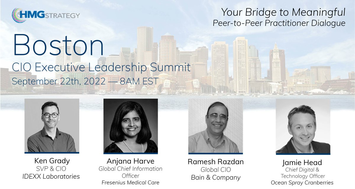 tcrawford's tweet photo. I look forward to joining the @HMGStrategy Boston CIO Summit next week on 9/22 (Thursday). We have a who's who list of speakers including a number of friends and colleagues.

Register here: https://t.co/KUSVIdyZ4b

#CIO #strategy #leadership #Boston #hmgstrategy #hmgcioboston https://t.co/W9a6zhNPce