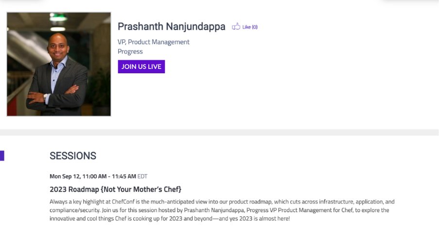 PrgsChef's tweet photo. Explore the innovative and cool things Chef is cooking up for 2023 at #ChefConf22. Don’t miss this featured session where we’ll be discussing the future of Chef and how it can benefit you. Join our VP of Product Management, @honasagere at 11:00 AM EDT. https://t.co/BQeyBRPyMA https://t.co/EAmyOtv2mj