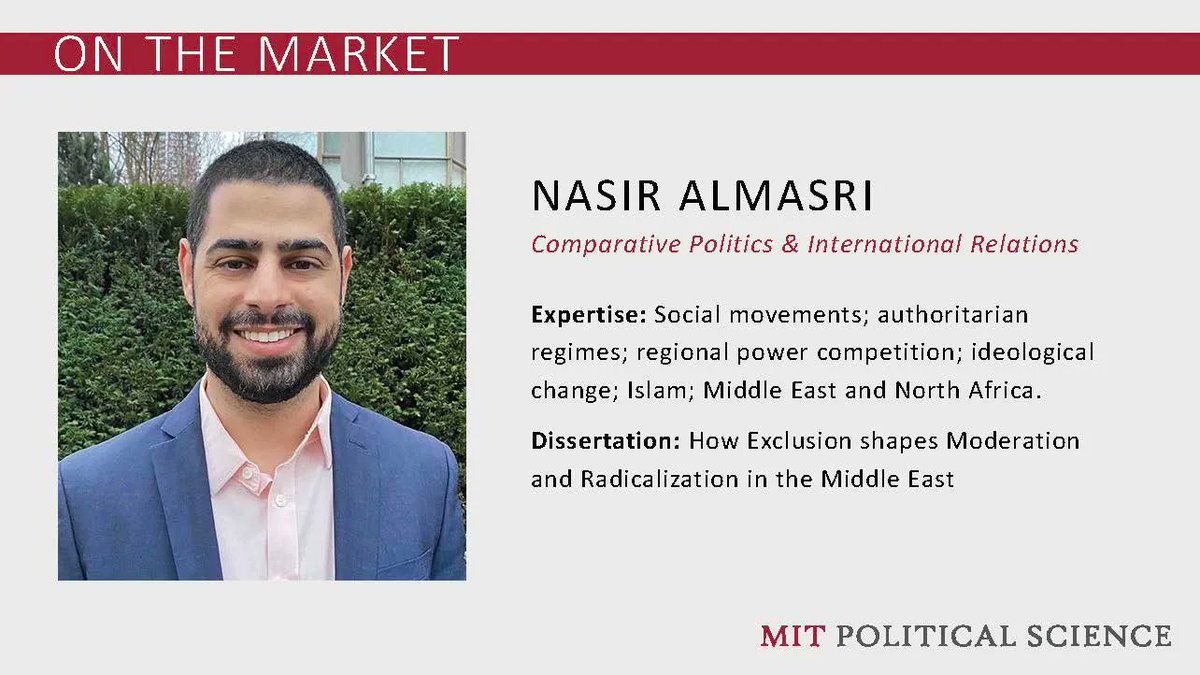 MITPoliSci's tweet photo. In his dissertation, @Nasir_Almasri explores "How Exclusion shapes Moderation and Radicalization in the Middle East." Visit his website to learn more about Nasir and read his job market paper @MIT @MIT_CIS @MIT_SSP @MITstudents #MITPhD #MITPoliSci https://t.co/gmwfQ4rvBN https://t.co/fg0pTwU96s