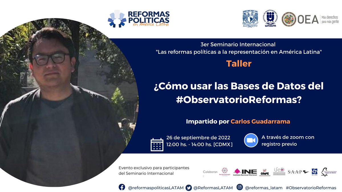ReformasLATAM's tweet photo. 📌👥| Actividad previa al #SeminarioReformas

Taller 3. ¿Cómo usar las Bases de Datos del #ObservatorioReformas📈? Impartido por @guadarramacc. Inscríbete aquí: https://t.co/Swj2jCwhzs

(Solo para participantes del Seminario) https://t.co/eSHhvG5Wjc