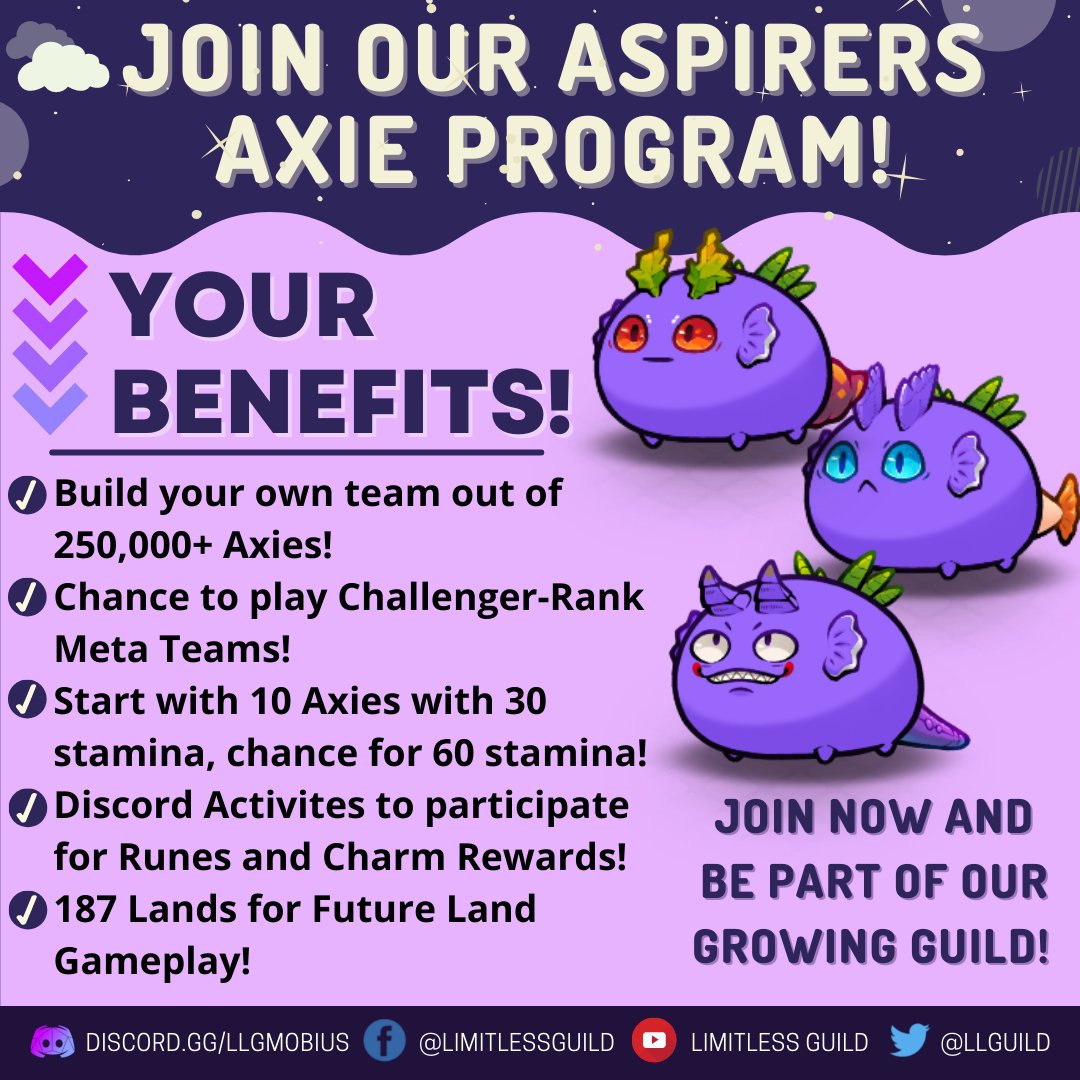 𝗛𝗼𝘄 𝘁𝗼 𝗯𝗲 𝗮 𝗔𝘀𝗽𝗶𝗿𝗲𝗿 𝘂𝗻𝗱𝗲𝗿 𝗟𝗟𝗚𝗠𝗼𝗯𝗶𝘂𝘀?
1. Join our Server discord.gg/llgmobius 
2. Go to "Get Verified Channel"
3. Go to "FAQ Channel"
4. Answer the Quiz
5. Sign the Contract Form
6. Wait for Onboarding DM on Discord

#AxieInfinity #AxieOrigin
