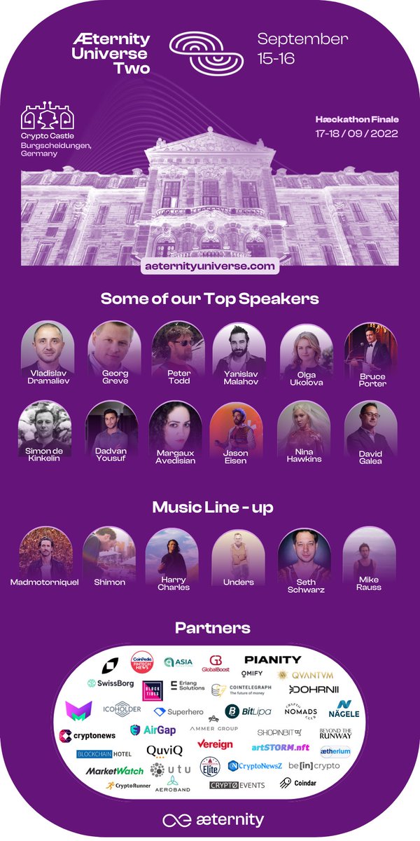 Already this week we are hosting #AeternityUniverseTwo and greeting <a href="/peterktodd/">Peter Todd</a> @OlUkolova <a href="/Cryptonnis/">Dadvan Yousuf</a> <a href="/MargauxWithAnX/">Margaux Avedisian</a> <a href="/ggreve/">Reverso Gg</a> <a href="/NetworksManager/">Bruce Porter Jr. </a> <a href="/Ninocence/">ninocence</a> &amp; many others in our #CryptoCastle 

If you’re in Germany 15-16 September - step by! Get Tickets at aeternityuniverse.com