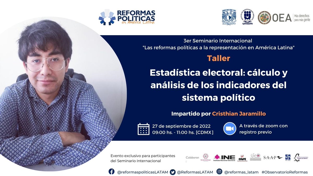 ReformasLATAM's tweet photo. 📌👥| Actividad previa al #SeminarioReformas

Taller 4. Estadística electoral: cálculo y análisis de los indicadores del sistema político🔍. Impartido por @schrodingercase. Inscríbete aquí: https://t.co/9pFLdtZ90U

#ObservatorioReformas
(Solo para participantes del Seminario) https://t.co/WYBFwuEdTg