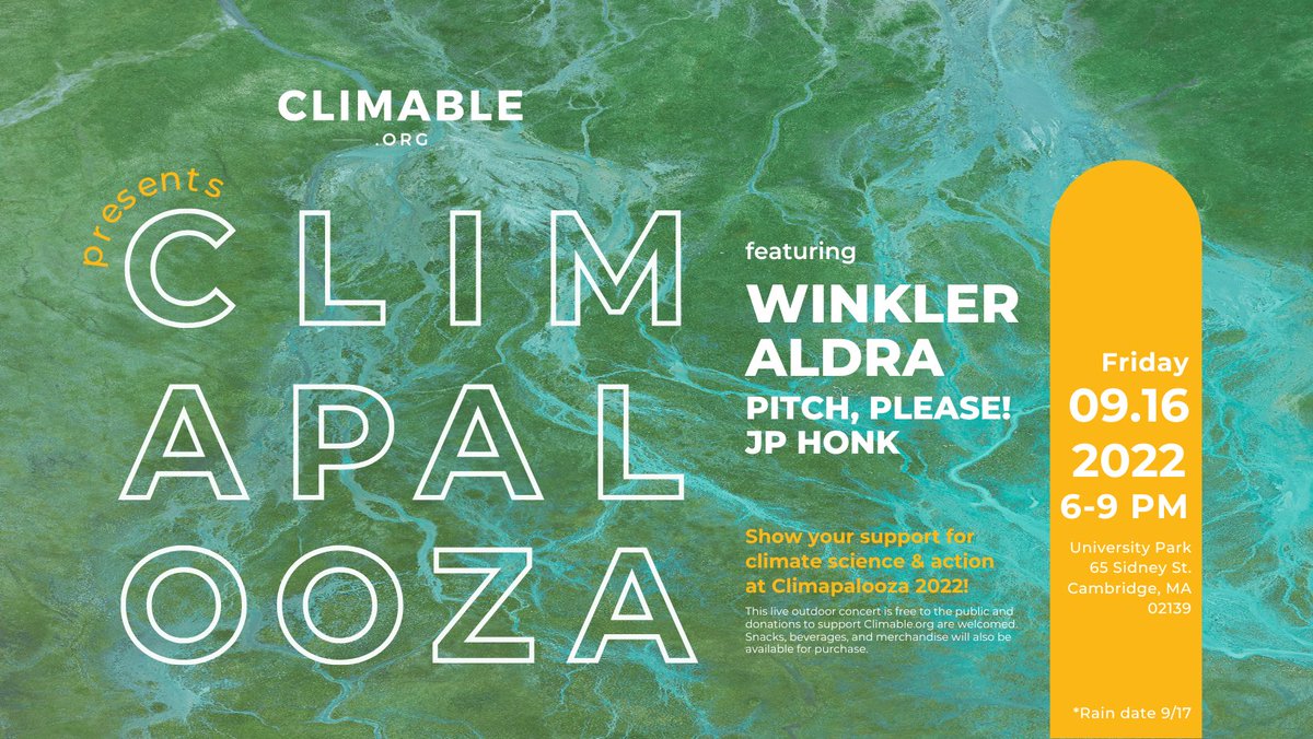 Spread the word- #CLIMAPALOOZA is back! On Friday, Sept. 16th from 6-9, join Climable as they celebrate community & climate action at University Park in Cambridge (65 Sidney St.). See you there!