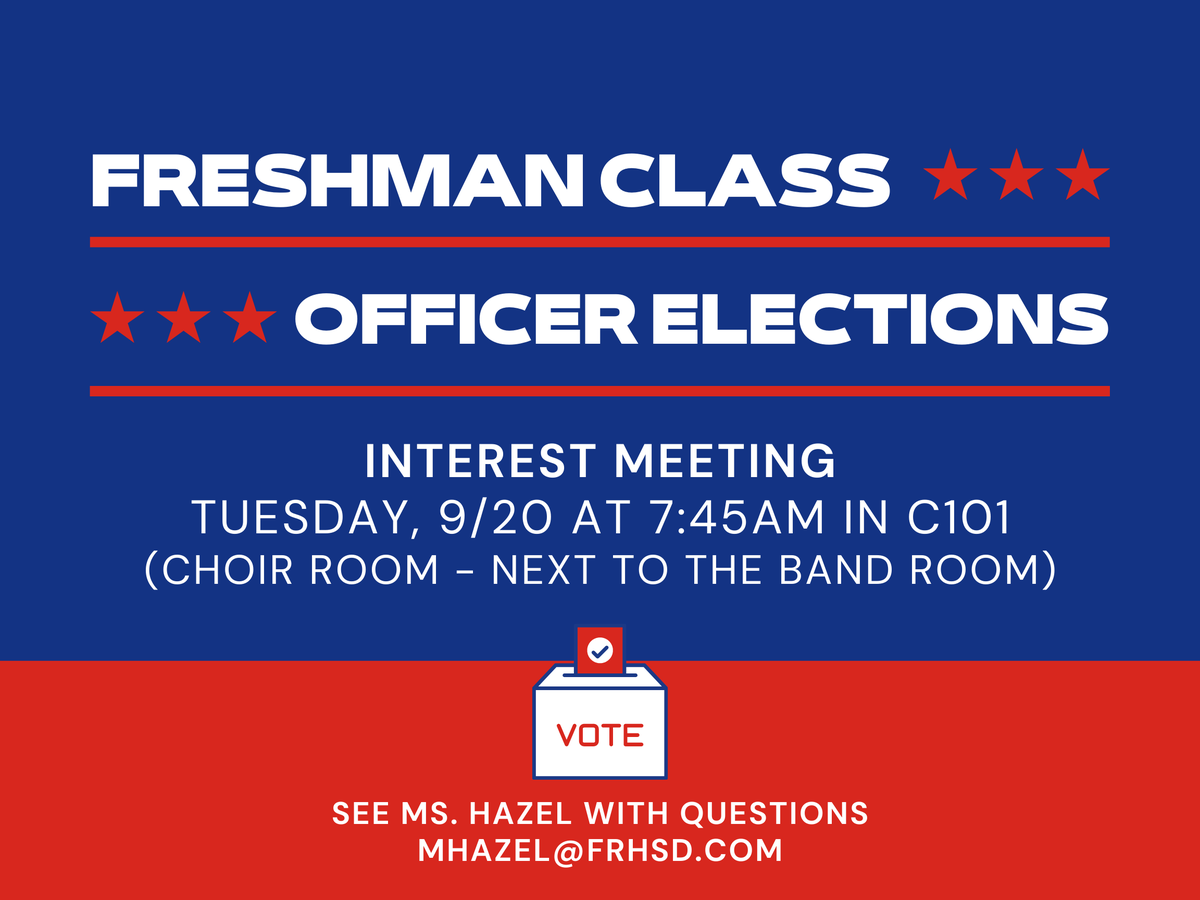 marstuco's tweet photo. The freshman class officer elections interest meeting will be held Tuesday, 9/20 at 7:45am in C101. All interested in running for freshman class officer must attend. See Ms. Hazel with any questions! https://t.co/HCXPESRmQw
