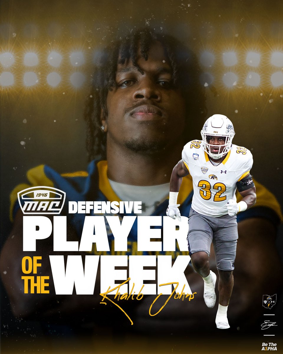 KentStFootball's tweet photo. Congratulations to Khalib Johns on being named @MACSports Defensive Player of the Week! 

#TheHUNT🐺 | #BeTheA1pha🦅 https://t.co/jTNsQY3Vuf