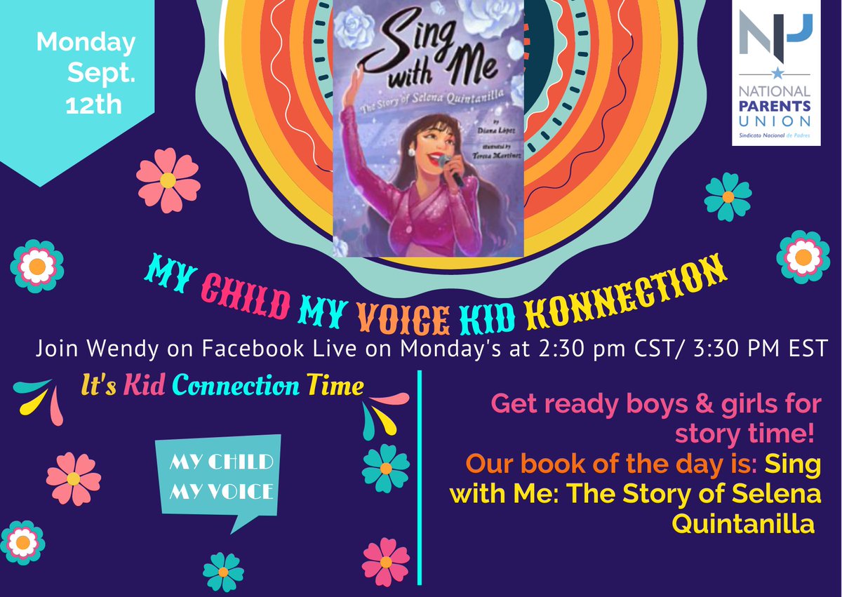#DoYouKnow National Hispanic Heritage Month begins on Sept. 15th? Join #MyChildMyVoice Kid Konnection TODAY at 2:30 pm CST for #storytime. Join as we go back in time to learn about Selena Quintanilla-Perez the “Queen of Tejano” in honor of Hispanic Heritage Month. https://t.co/ebz6Z051c4