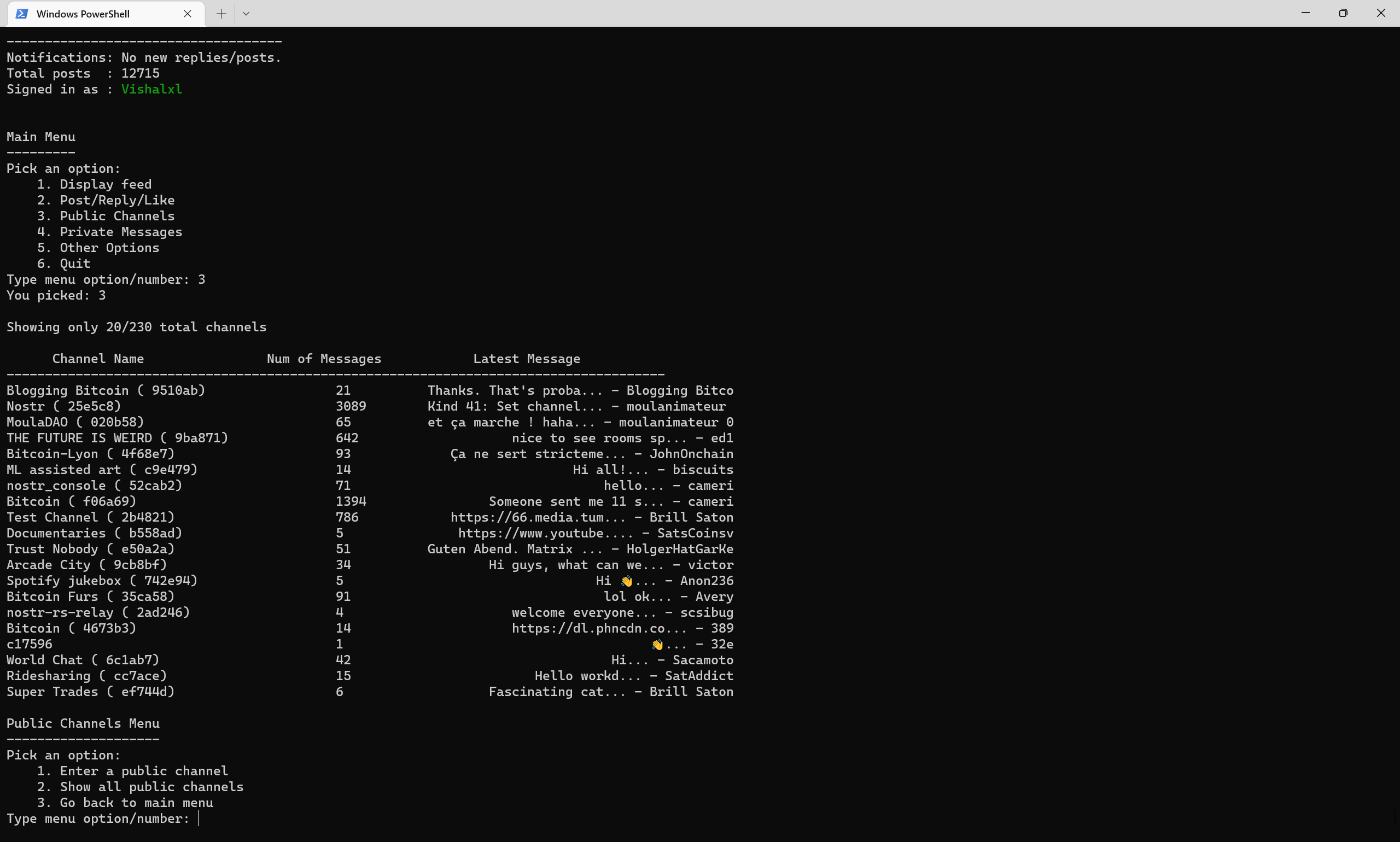 Public channels overview with menu