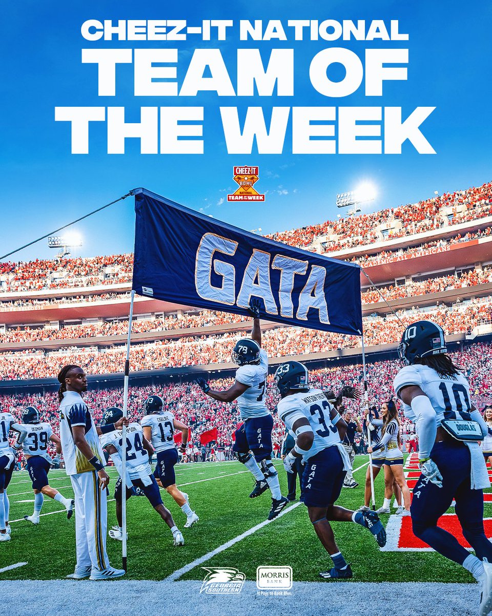 GSAthletics_FB's tweet photo. Cheez-It 🤝 Georgia Southern Football

.@CheezItBowl 𝗡𝗔𝗧𝗜𝗢𝗡𝗔𝗟 𝗧𝗘𝗔𝗠 𝗢𝗙 𝗧𝗛𝗘 𝗪𝗘𝗘𝗞

#HailSouthern | #GATA https://t.co/hta56mbDtT