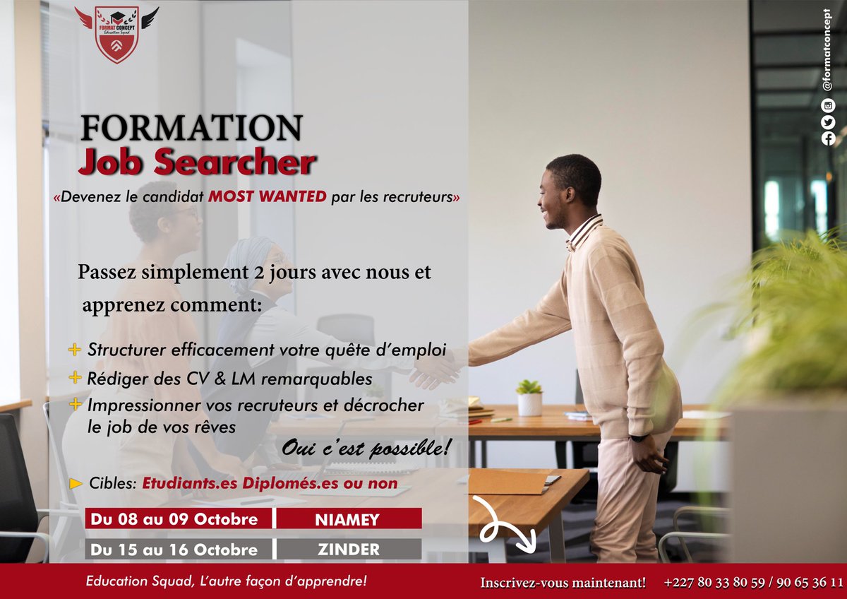 Devenez le candidat Most Wanted par les recruteurs en seulement deux (2) jours.  Oui, c'est possible !  <<Job searcher >> une formation de haut niveau vous permettant d'apprendre : ✅Comment structurer Vôtre quête d'emploi de manière efficace