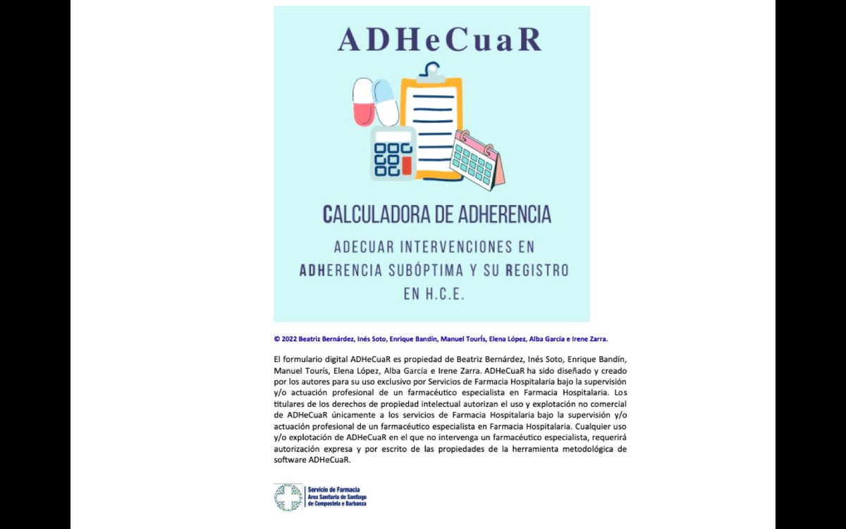 adhefarsefh's tweet photo. Calculadora para medir la adherencia y registrar en H.C.E, desde cualquier consulta de Farmacia Hospitalaria. 
-Disponible EVA de adherencia para pasar al paciente. Enlaces de interés ADHEFAR-SEFH. https://t.co/WjlvIxxlOb
Registrada desde @FarmaCHUS. https://t.co/7LayUwUAyX