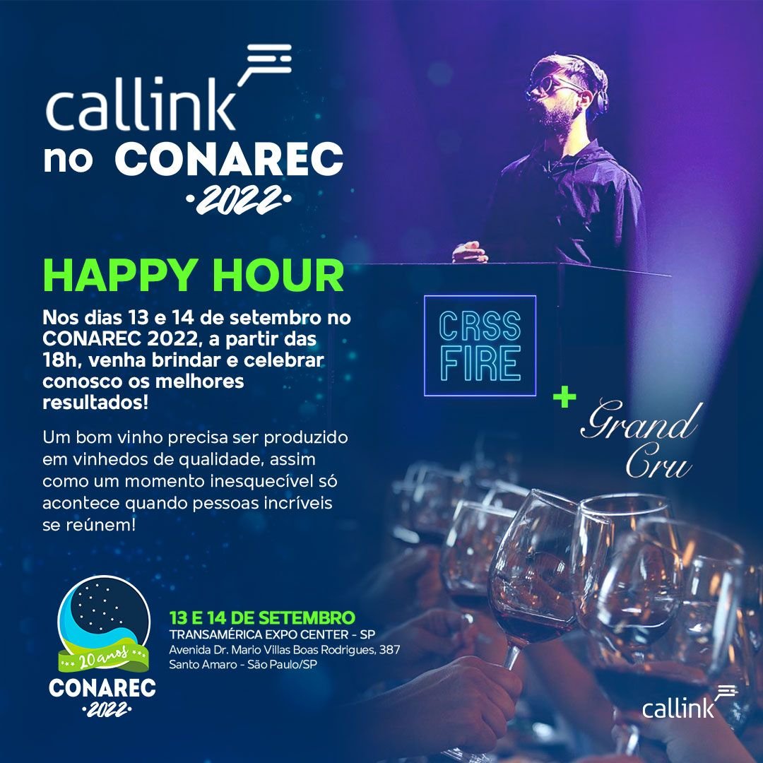 Callinkclk's tweet photo. HAPPY HOUR | Nos dias 13 e 14 de setembro, a partir das 18h, venha brindar e celebrar conosco os melhores resultados no nosso Happy Hour! Te esperamos no estande 23 do @Conarec 2022! 🍷 https://t.co/nm8sBFPaDW