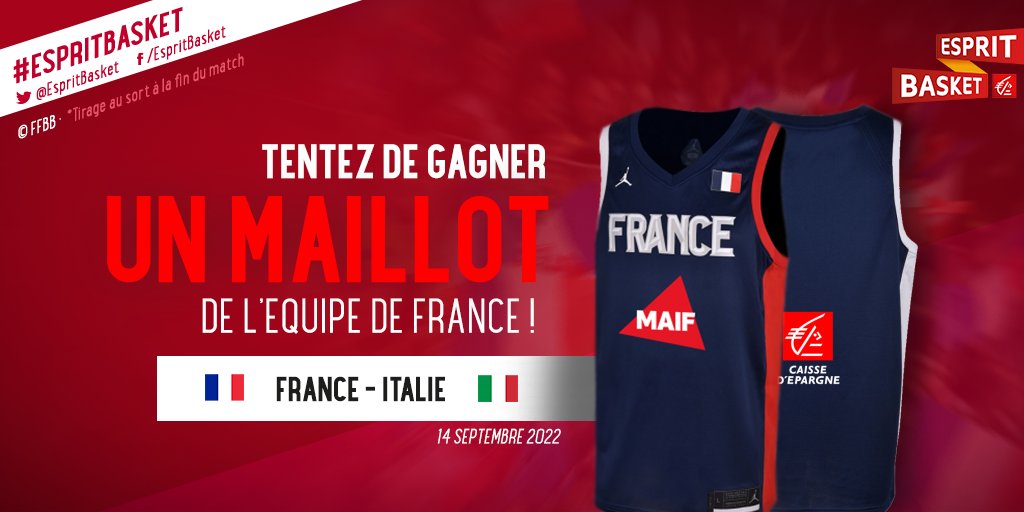 EspritBasket's tweet photo. BOOM 🔥

A l'occasion du 1/4 de finale de l'EuroBasket 2022 France 🇫🇷 - 🇮🇹 Italie, follow + RT pour tenter de gagner le maillot officiel des Bleus 👊
#EspritBasket https://t.co/obuA1eNoJP