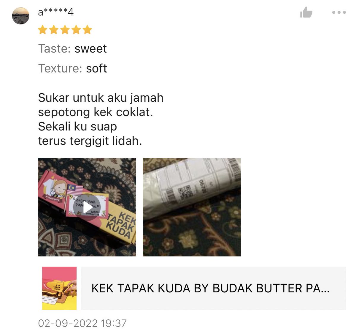 budakbutter's tweet photo. Dalam banyak banyak review dekat Shopee, review ni menarik perhatian.

10/10 for the effort 👍🏻😂 https://t.co/iNJQJKNLde