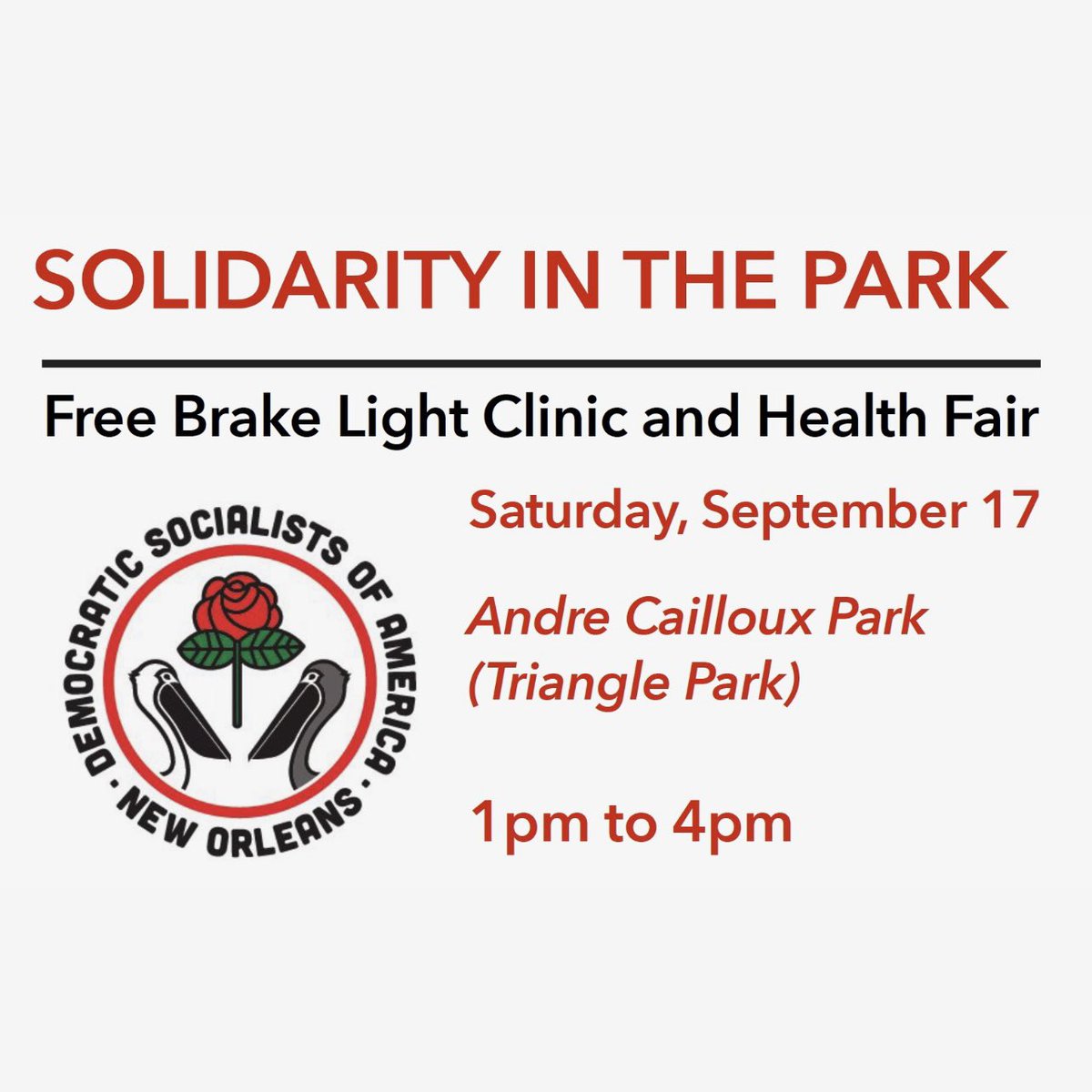 THIS SATURDAY (9/17) from 1PM - 4PM: Come out to Andre Cailloux (Triangle) Park at 2437 Bayou Rd, New Orleans, LA 70119 for our combination Health Fair and Brake Light Change event!

FREE brake light changes, blood pressure checks, community health resources, food, and more.