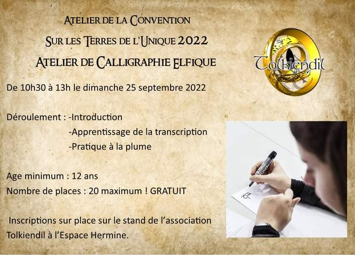 conventionSLTU's tweet photo. Les 24 et 25 Septembre 2022 à l'occasion de la Convention Sur les Terres de l'Unique, des ateliers seront proposés par l'association Tolkiendil et Les créations de Mimi

ATTENTION: Nombre de places limité ! Inscriptions sur place ! https://t.co/IEYPUSO1c6