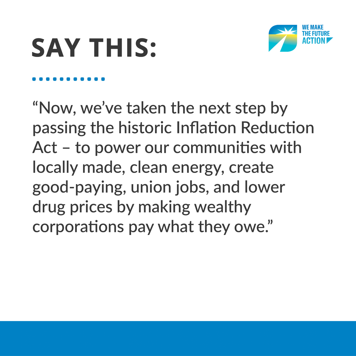 WMTFAction's tweet photo. Messaging Monday: The historic Inflation Reduction Act shows that Democrats are fighting for what our families need, while Trump Republicans threaten our freedoms & block the solutions we favor. https://t.co/UVAWcaiWKt