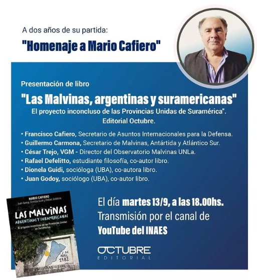 FUDEPA_Arg's tweet photo. A dos años de su partida, los invitamos al homenaje a Mario Cafiero, en donde se presentará su libro "Las Malvinas, argentinas y suramericanas"

📅Martes 13/9
🕡18hs
⏩Seguilo en vivo desde el canal del INAES https://t.co/daAybupq9A https://t.co/0vS4Sqc6uG