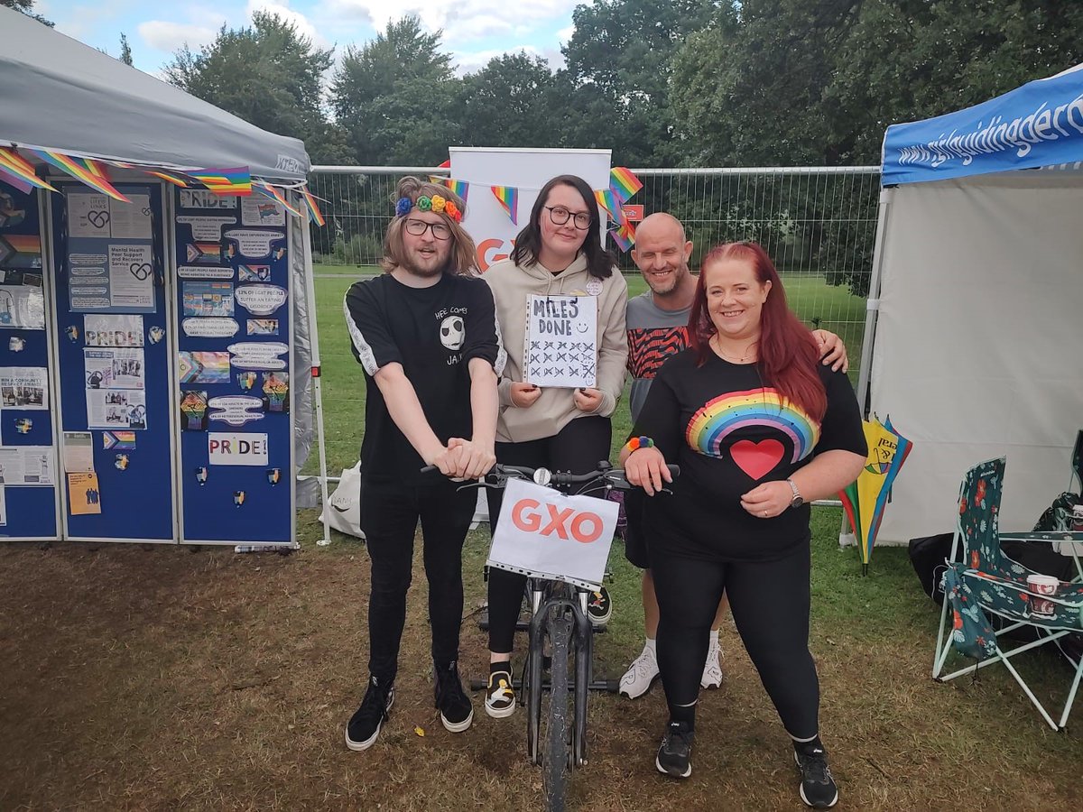 GXOLogistics's tweet photo. In celebration of 50 years of #Pride, participants at the @DerbyPrideLGBT festival in the UK banded together to cycle 50 miles on stationary bikes — and GXOers were doing their part! Thanks for all the support you offer your community, Derby team! #PrideMonthEveryMonth https://t.co/6T9a89FQI7