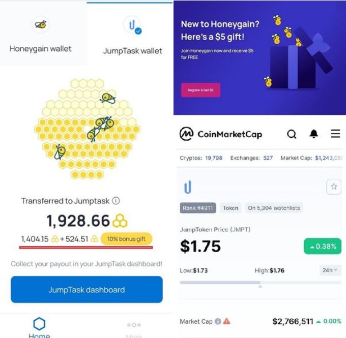 💰Let's we make Passive Income per month
🎁Free Honeygain &amp;Jumptask Mining
🔸Registration $5 Honeygain Bonus
🔸50% jumptask Bonus

👉Link: r.honeygain.me/TMLAN10F19

✅Enter Email &amp; PW
✅Withdraw : Min $20 Honeygains
📌Transferred to Jumptask to Gain 50% Bonus JMPT tokens.