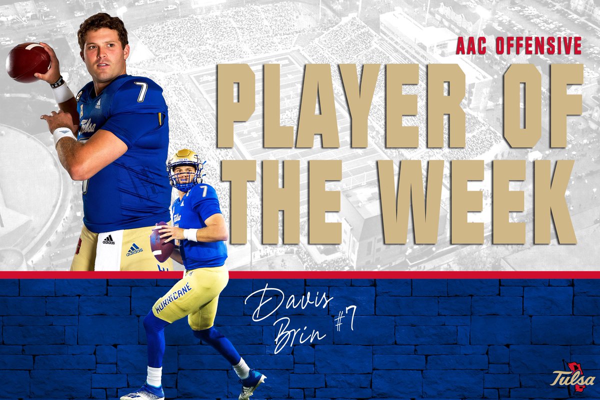 TulsaFootball's tweet photo. Davis Brin is the @American_Conf Offensive Player of the Week!
Brin finished with 322 yards and a career high 4 TD passes.
#ReignCane๐๐ https://t.co/Qvxu3qSa4f