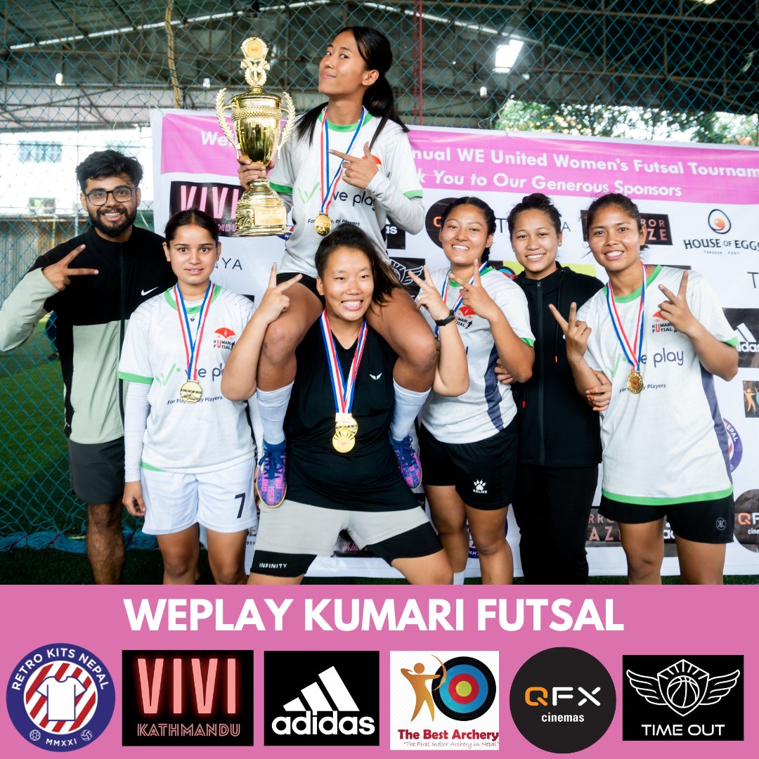 theWEunitedproj's tweet photo. Congratulations to Team WePlay Kumari Futsal on winning the 7th Annual WE United Women’s Futsal Tournament, 2022!

The Champions received goodies and prize vouchers worth Rs. 62,200-- 
Retrokits, VIVI Kathmandu, Adidas Nepal, QFX Cinemas, The Best Archery, Xcel FUTSAL &amp; Time Out. https://t.co/HiW1yRLzdE